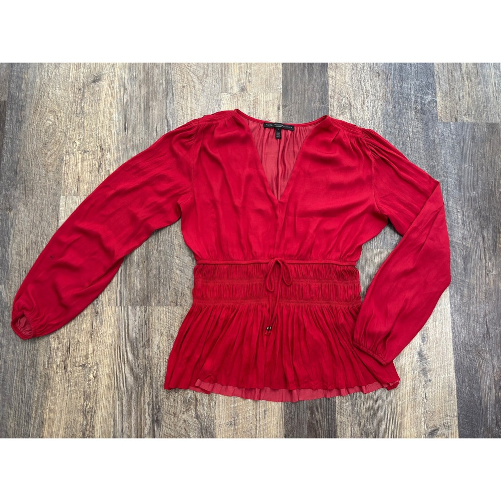 White House Black Market Red Smocked Peplum Blouse V-Neck Long Sleeve Small